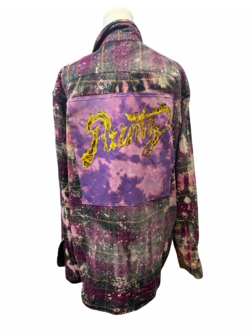 Runtz Worldwide upcycled custom flannel shirt purple graphic tee on back bespoke